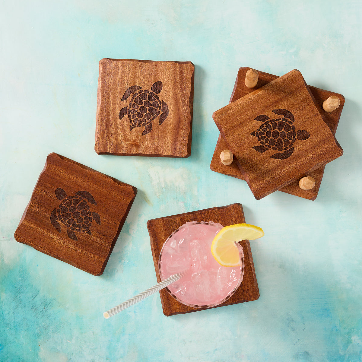 Wooden Sea Turtle Coaster Set