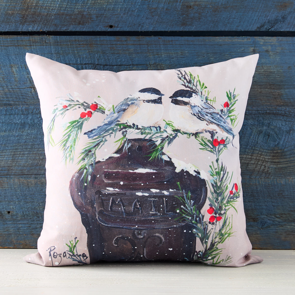 Chickadees on Mailbox Indoor/Outdoor Pillow
