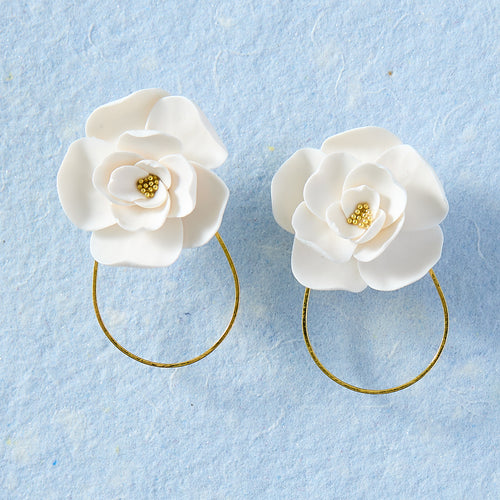 White Flower Gold Hoop Earrings